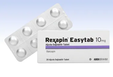 REXAPIN EASYTAB 10 MG 28 AGIZDA DAGILAN TABLET ambalajı. Olanzapin içeren tablet. Üretici: ABDİ İBRAHİM İLAÇ SANAYİ VE TİCARET A.Ş.