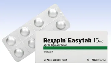 REXAPIN EASYTAB 15 MG 28 AGIZDA DAGILAN TABLET kutusu, tablet formunda olanzapin içerir. Üretici: ABDİ İBRAHİM İLAÇ SANAYİ VE TİCARET A.Ş.