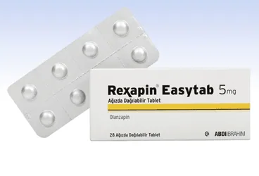 Olanzapin içeren tablet: REXAPIN EASYTAB 5 MG 28 AGIZDA DAGILAN TABLET ambalajı. Üretici: ABDİ İBRAHİM İLAÇ SANAYİ VE TİCARET A.Ş.