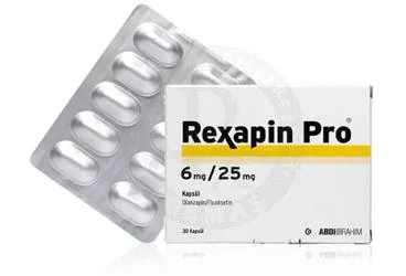 REXAPIN PRO 6 MG/25 MG KAPSUL (30 KAPSUL) kutu fotoğrafı, kapsül formunda olanzapin + fluoksetin içerir. Üretici: ABDİ İBRAHİM İLAÇ SANAYİ VE TİCARET A.Ş.
