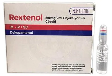 REXTENOL 500 MG/2 ML ENJEKSIYONLUK COZELTI (dekspantenol) ürün ambalajı, çözelti. Üretici: MİLPHA İLAÇ SANAYİ VE TİCARET LİMİTED ŞİRKETİ.