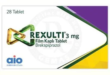 REXULTI 3 MG FILM KAPLI TABLET (28 ADET) ürün ambalajı, film kaplı tablet formunda brekspiprazol içerir. Üretici: ABDİ İBRAHİM OTSUKA İLAÇ SAN. VE TİC. A.Ş.