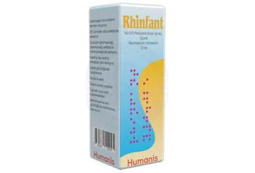RHINFANT %0.025 PEDIYATRIK BURUN SPREYI, COZELTI (10 ML) kutusu. Oksimetazolin hcl içeren nazal sprey. Üretici: HUMANİS SAĞLIK ANONİM ŞİRKETİ.
