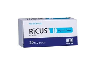 RICUS 1 MG 20 FILM KAPLI TABLET (risperidon) ambalajı, film kaplı tablet. Üretici: BİOFARMA İLAÇ SANAYİ VE TİCARET A.Ş.