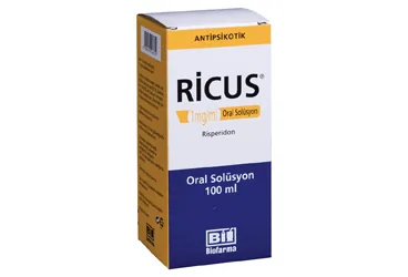 RICUS 1 MG/ML ORAL COZELTI, 100 ML kutu fotoğrafı. Risperidon içeren çözelti. Üretici: BİOFARMA İLAÇ SANAYİ VE TİCARET A.Ş.