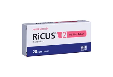 Risperidon içeren film kaplı tablet: RICUS 2 MG 20 FILM KAPLI TABLET kutu fotoğrafı. Üretici: BİOFARMA İLAÇ SANAYİ VE TİCARET A.Ş.
