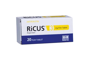 RICUS 3 MG 20 FILM KAPLI TABLET kutusu. Risperidon içeren film kaplı tablet. Üretici: BİOFARMA İLAÇ SANAYİ VE TİCARET A.Ş.