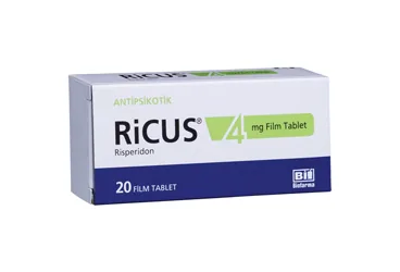 Risperidon içeren film kaplı tablet: RICUS 4 MG 20 FILM KAPLI TABLET kutusu. Üretici: BİOFARMA İLAÇ SANAYİ VE TİCARET A.Ş.
