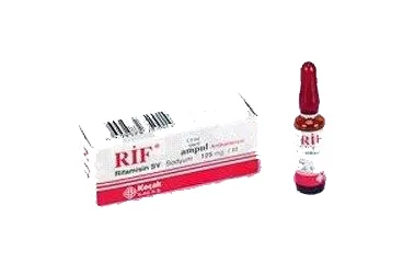 RIF 125 MG IM ENJEKSIYONLUK COZELTI (1 AMPUL) ürün ambalajı. Rifamisin içeren çözelti. Üretici: KOÇAK FARMA İLAÇ VE KİMYA SANAYİ A.Ş.