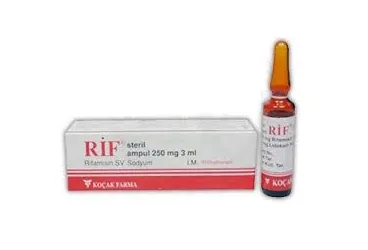 RIF 250 MG IM ENJEKSIYONLUK COZELTI (1 AMPUL) (rifamisin) kutu fotoğrafı, çözelti. Üretici: KOÇAK FARMA İLAÇ VE KİMYA SANAYİ A.Ş.