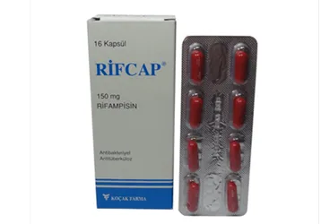 RIFCAP 150 MG 16 KAPSÜL kutu fotoğrafı. Rifampisin içeren kapsül. Üretici: KOÇAK FARMA İLAÇ VE KİMYA SANAYİ A.Ş.