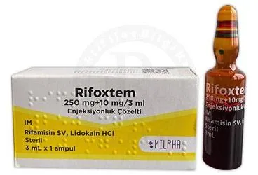 RIFOXTEM 250MG/3ML ENJEKSIYONLUK COZELTI (1 AMPUL) ürün ambalajı. Rifamisin içeren çözelti. Üretici: MİLPHA İLAÇ SANAYİ VE TİCARET LİMİTED ŞİRKETİ.