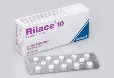 Lisinopril içeren tablet: RILACE 10 MG 28 TABLET kutusu. Üretici: SANOVEL İLAÇ SANAYİ VE TİCARET ANONİM ŞİRKETİ.