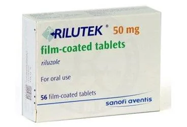 Riluzol içeren film kaplı tablet: RILUTEK 50 MG 56 FİLM TABLET kutusu. Üretici: SANOFİ SAĞLIK ÜRÜNLERİ LTD. ŞTİ.
