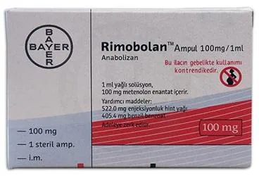 RIMOBOLAN AMPUL 100 MG/1 ML 1 AMPUL ambalajı. Metenolon enantat içeren ampul. Üretici: BAYER TÜRK KİMYA SAN. LTD. ŞTİ.