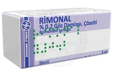 RIMONAL % 0.2 GOZ DAMLASI, COZELTI (1 SISE) ürün ambalajı, göz damlası formunda brimonidin tartarat içerir. Üretici: WORLD MEDICINE İLAÇ SAN. VE TİC. A.Ş.
