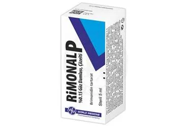 RIMONAL P %0.15 GOZ DAMLASI, COZELTI (brimonidin tartarat) ambalajı, göz damlası. Üretici: WORLD MEDICINE İLAÇ SAN. VE TİC. A.Ş.