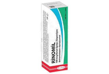 RINOMIL 100 MCG BURUN SPREYI, SUSPANSIYON (beklometazon dipropiyonat -nazal) ürün ambalajı, nazal sprey. Üretici: DR. SERTUS İLAÇ SAN. VE TİC. LTD. ŞTİ.