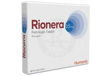 RIONERA 0,5 MG FILM KAPLI TABLET (42 TABLET) ambalajı. Riociguat içeren film kaplı tablet. Üretici: HUMANİS SAĞLIK ANONİM ŞİRKETİ.
