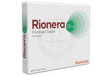 RIONERA 1,5 MG FILM KAPLI TABLET (42 TABLET) kutusu, film kaplı tablet formunda riociguat içerir. Üretici: HUMANİS SAĞLIK ANONİM ŞİRKETİ.