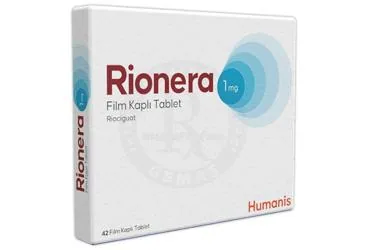 Riociguat içeren film kaplı tablet: RIONERA 1 MG FILM KAPLI TABLET (42 TABLET) ürün ambalajı. Üretici: HUMANİS SAĞLIK ANONİM ŞİRKETİ.