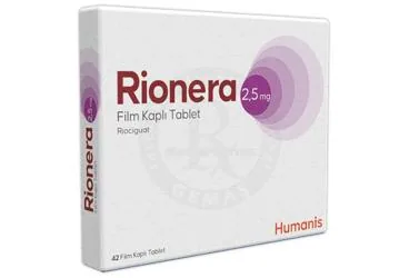 RIONERA 2.5 MG FILM KAPLI TABLET (42 TABLET) (riociguat) ürün ambalajı, film kaplı tablet. Üretici: HUMANİS SAĞLIK ANONİM ŞİRKETİ.