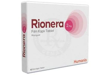 RIONERA 2 MG FILM KAPLI TABLET (42 TABLET) ambalajı, film kaplı tablet formunda riociguat içerir. Üretici: HUMANİS SAĞLIK ANONİM ŞİRKETİ.