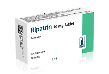 Rupatadin fumarat içeren tablet: RIPATRIN 10 MG 20 TABLET ürün ambalajı. Üretici: DEVA HOLDİNG ANONİM ŞİRKETİ.