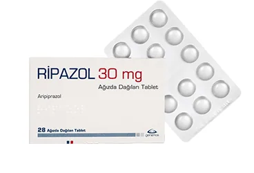 RIPAZOL 30 MG AGIZDA DAGILAN 28 TABLET ürün ambalajı. Aripiprazol içeren tablet. Üretici: GENVEON İLAÇ SANAYİ VE TİCARET ANONİM ŞİRKETİ.