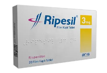 RIPESIL 3 MG FİLM KAPLI TABLET kutu fotoğrafı, film kaplı tablet formunda risperidon içerir. Üretici: ALİ RAİF İLAÇ SANAYİ A.Ş.