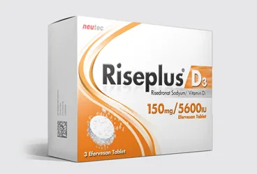 RISEPLUS D3 150 MG/5600 IU 3 EFERVESAN TABLET (risedronat + vitamin d3) ürün ambalajı, efervesan tablet. Üretici: NEUTEC İLAÇ SANAYİ TİCARET ANONİM ŞİRKETİ.