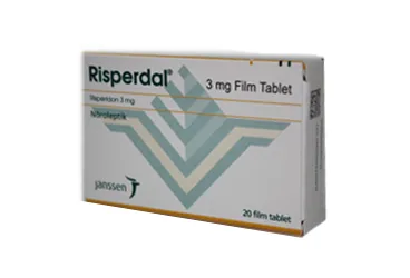 RISPERDAL 3 MG 20 FILM TABLET ambalajı. Risperidon içeren film kaplı tablet. Üretici: JOHNSON AND JOHNSON SIHHİ MALZEME SANAYİ VE TİCARET LİMİTED ŞİRKETİ.