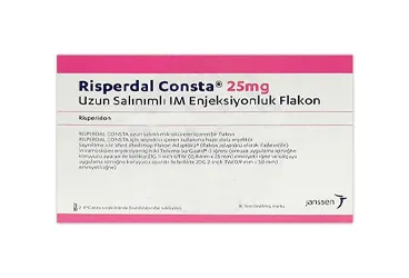 RISPERDAL CONSTA 25 MG IM ENJEKSIYONLUK UZATILMIS SALIMLI SUSPANSIYON ürün ambalajı. Risperidon içeren süspansiyon. Üretici: JOHNSON AND JOHNSON SIHHİ MALZEME SANAYİ VE TİCARET LİMİTED ŞİRKETİ.