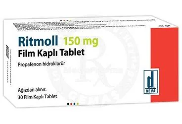 Propafenon hcl içeren film kaplı tablet: RITMOLL 150 MG FILM KAPLI TABLET (30 TABLET) kutu fotoğrafı. Üretici: DEVA HOLDİNG ANONİM ŞİRKETİ.