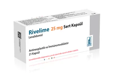 RIVELIME 25 MG 21 SERT KAPSUL (lenalidomid) ürün ambalajı, kapsül. Üretici: DEVA HOLDİNG ANONİM ŞİRKETİ.