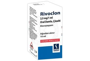 RIVOCLON 2.5 MG/1 ML ORAL DAMLA, COZELTI (10 ML) ürün ambalajı, çözelti formunda klonazepam içerir. Üretici: SABA İLAÇ SANAYİİ VE TİCARET ANONİM ŞİRKETİ.