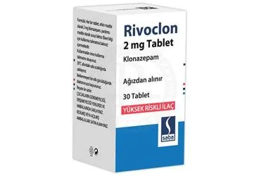 RIVOCLON 2 MG 30 TABLET kutusu. Klonazepam içeren tablet. Üretici: SABA İLAÇ SANAYİİ VE TİCARET ANONİM ŞİRKETİ.