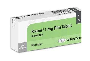 RIXPER 1 MG FILM KAPLI TABLET (20 TABLET) ürün ambalajı, film kaplı tablet formunda risperidon içerir. Üretici: TEVA İLAÇLARI SANAYİ VE TİCARET A.Ş.