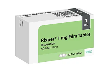 RIXPER 1 MG 30 FILM KAPLI TABLET ürün ambalajı. Risperidon içeren film kaplı tablet. Üretici: TEVA İLAÇLARI SANAYİ VE TİCARET A.Ş.