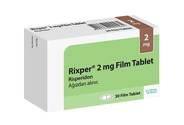 RIXPER 2 MG 30 FILM KAPLI TABLET kutusu, film kaplı tablet formunda risperidon içerir. Üretici: TEVA İLAÇLARI SANAYİ VE TİCARET A.Ş.