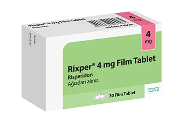 RIXPER 4 MG 30 FILM KAPLI TABLET kutu fotoğrafı, film kaplı tablet formunda risperidon içerir. Üretici: TEVA İLAÇLARI SANAYİ VE TİCARET A.Ş.