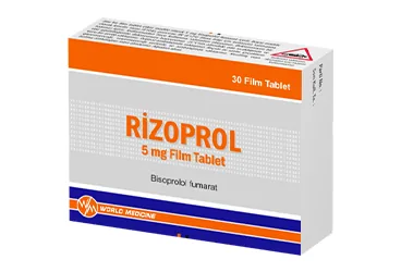 RIZOPROL 5 MG FILM KAPLI TABLET (30 FILM TABLET) ambalajı. Bisoprolol fumarat içeren film kaplı tablet. Üretici: WORLD MEDICINE İLAÇ SAN. VE TİC. A.Ş.