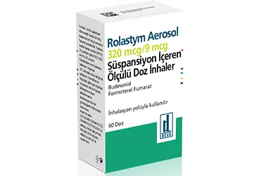 ROLASTYM AEROSOL 320 MCG/9 MCG SUSPANSIYON ICEREN OLCULU DOZ INHALER (60 DOZ) ürün ambalajı, inhalasyon aerosolü formunda formoterol + budesonid içerir. Üretici: DEVA HOLDİNG ANONİM ŞİRKETİ.