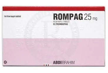 Eltrombopag içeren film kaplı tablet: ROMPAG 25 MG FILM KAPLI TABLET (14 TABLET) ürün ambalajı. Üretici: ABDİ İBRAHİM İLAÇ SANAYİ VE TİCARET A.Ş.