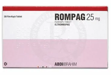 ROMPAG 25 MG FILM KAPLI TABLET (28 TABLET) (eltrombopag) kutusu, film kaplı tablet. Üretici: ABDİ İBRAHİM İLAÇ SANAYİ VE TİCARET A.Ş.