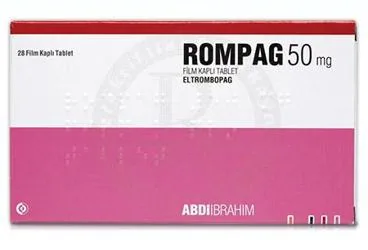 Eltrombopag içeren film kaplı tablet: ROMPAG 50 MG FILM KAPLI TABLET (28 TABLET) ambalajı. Üretici: ABDİ İBRAHİM İLAÇ SANAYİ VE TİCARET A.Ş.