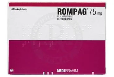 ROMPAG 75 MG FILM KAPLI TABLET (14 TABLET) ambalajı. Eltrombopag içeren film kaplı tablet. Üretici: ABDİ İBRAHİM İLAÇ SANAYİ VE TİCARET A.Ş.