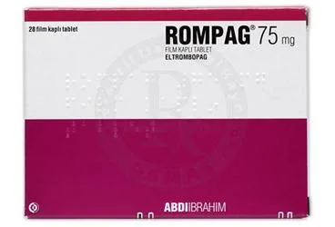 ROMPAG 75 MG FILM KAPLI TABLET (28 TABLET) kutu fotoğrafı, film kaplı tablet formunda eltrombopag içerir. Üretici: ABDİ İBRAHİM İLAÇ SANAYİ VE TİCARET A.Ş.