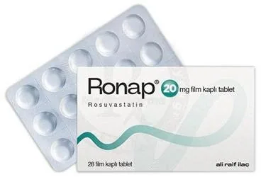 RONAP 20 MG FILM TABLET (28 ADET) kutusu, film kaplı tablet formunda rosuvastatin içerir. Üretici: ALİ RAİF İLAÇ SANAYİ A.Ş.