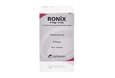 RONIX 4 MG/5 ML IV INFUZYON ICIN KONSANTRE COZELTI ICEREN 1 FLAKON ürün ambalajı. Zoledronik asit monohidrat içeren çözelti. Üretici: CENTURİON İLAÇ SANAYİ VE TİCARET ANONİM ŞİRKETİ.